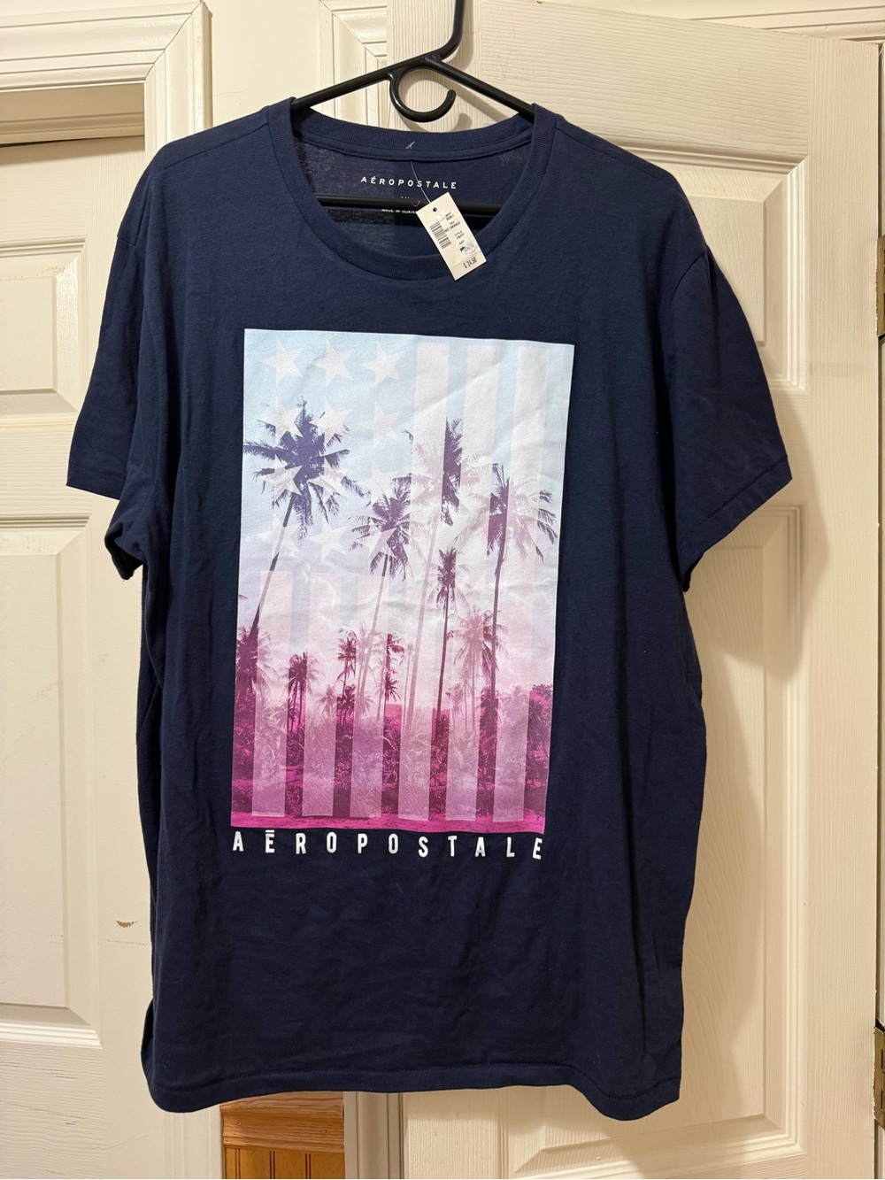 Aeropostale Navy Blue Graphic Tee with Pink & Light Blue Palm Print